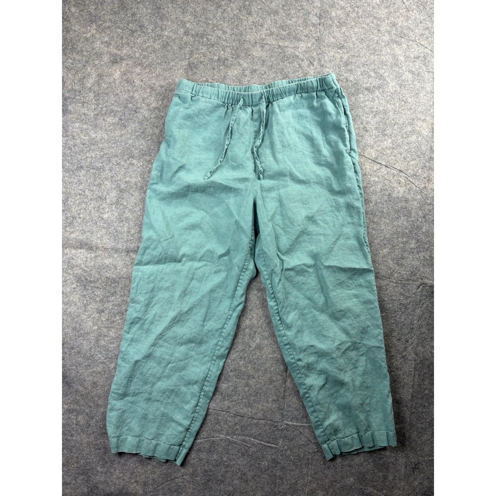 VTG ORVIS Crop Pants Women's Sz L/P 14/16 Green Linen Relaxed Drawstring Pockets